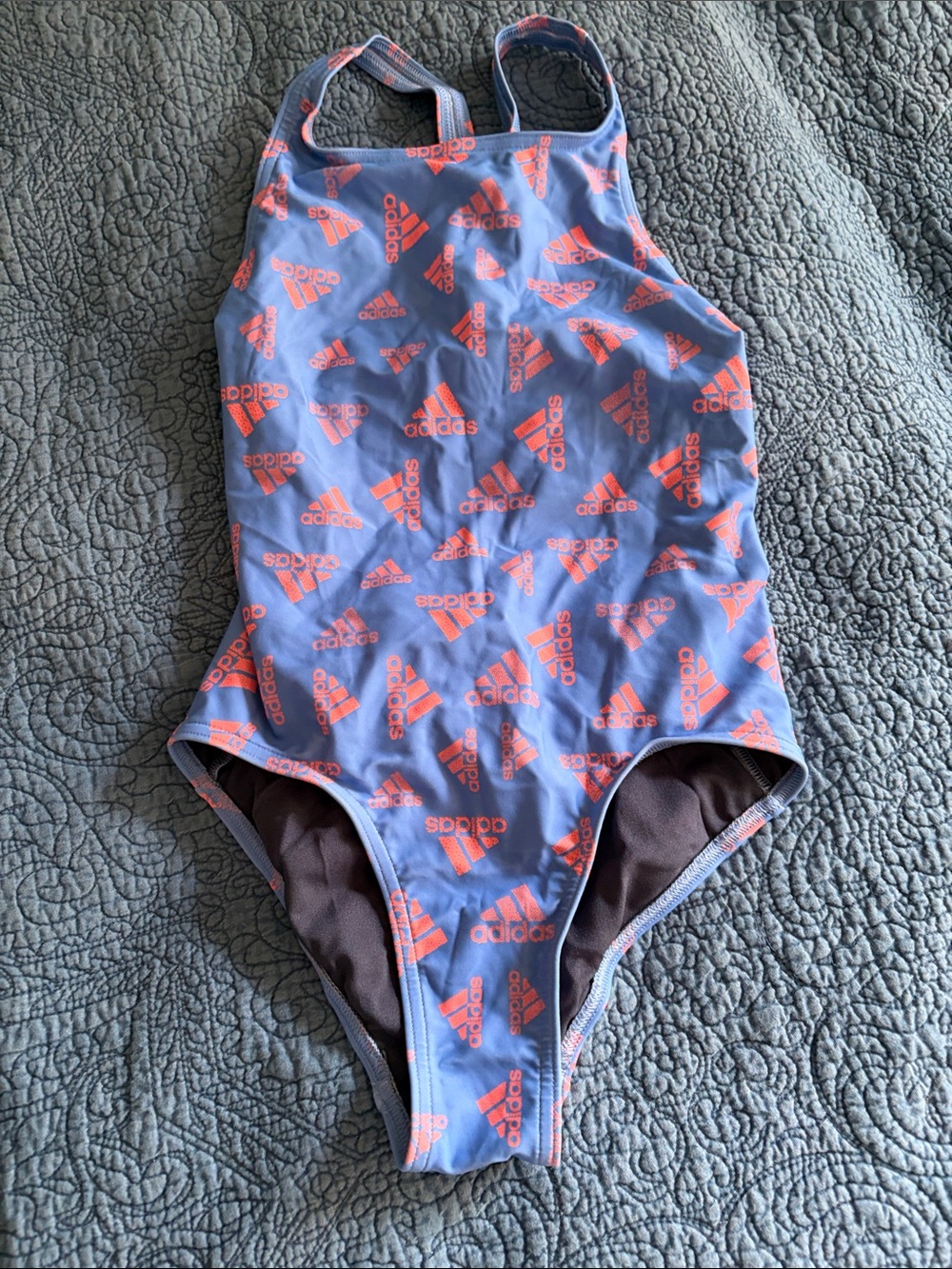 adidas Girls Light Blue One-Piece Swimsuit with Coral Logos